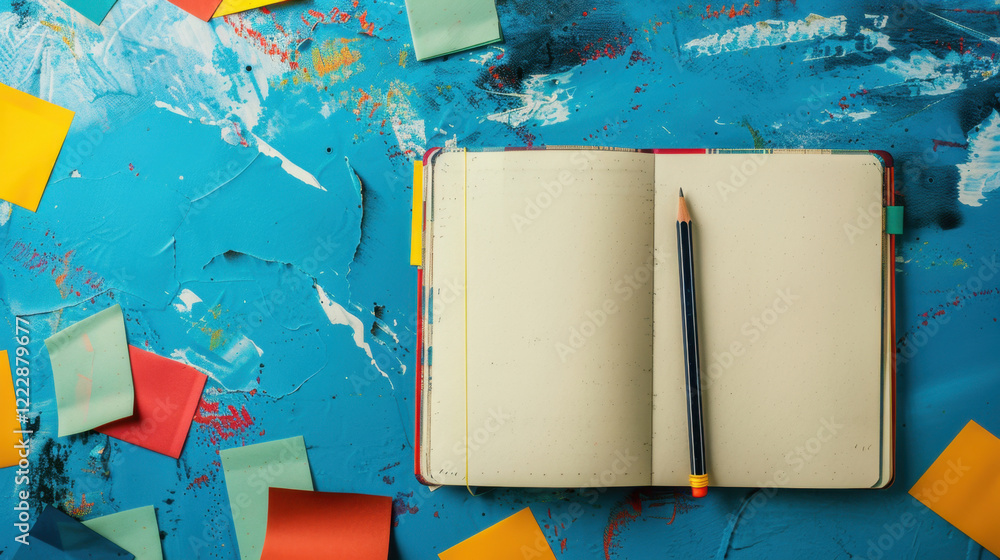 Poster open notebook with pencil on colorful background of sticky notes. vibrant colors create inspiring wo