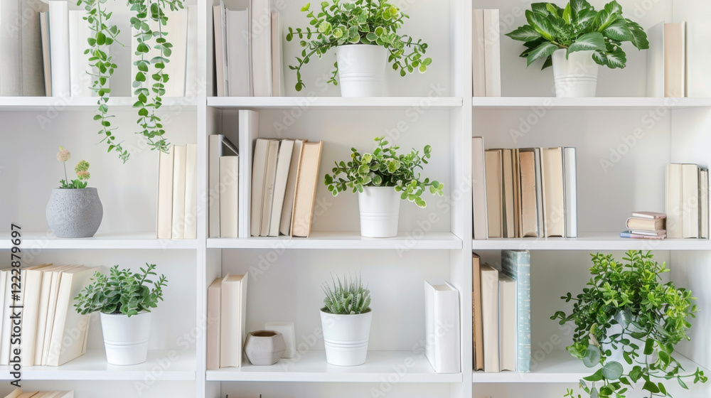 Poster modern bookshelf filled with plants and books, creating fresh and inviting atmosphere. greenery adds