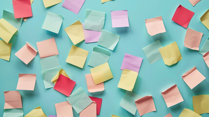 Colorful sticky notes scattered on blue background create vibrant and creative workspace atmosphere. mix of pastel colors adds playful touch to organization