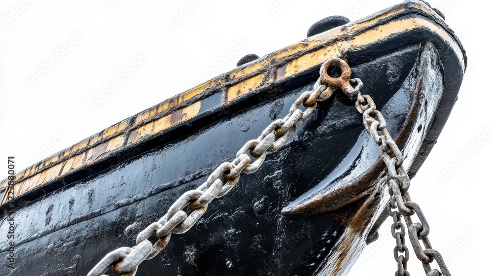 Poster close-up view of a weathered ship's bow with chains and rust, set against a cloudy sky