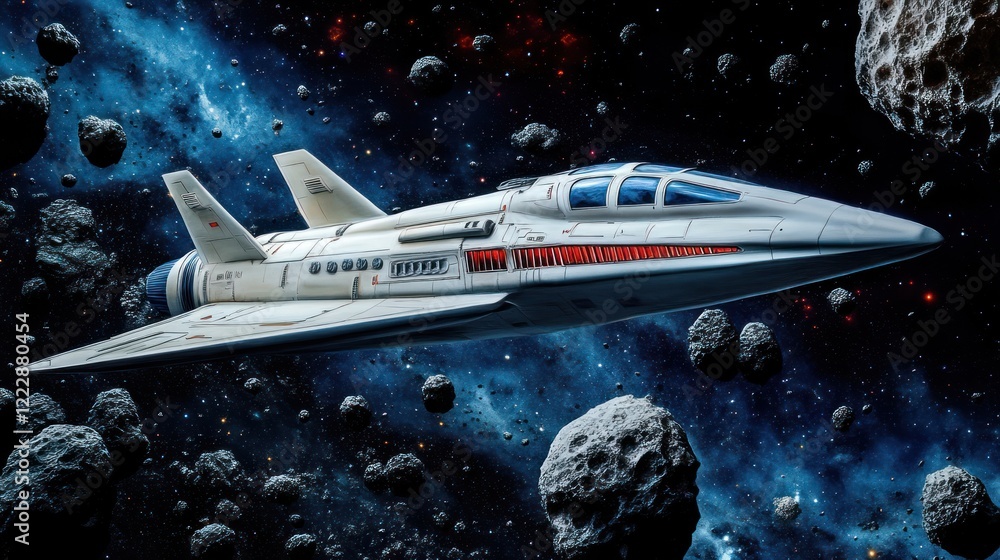 Poster spaceship navigating asteroid field in deep space