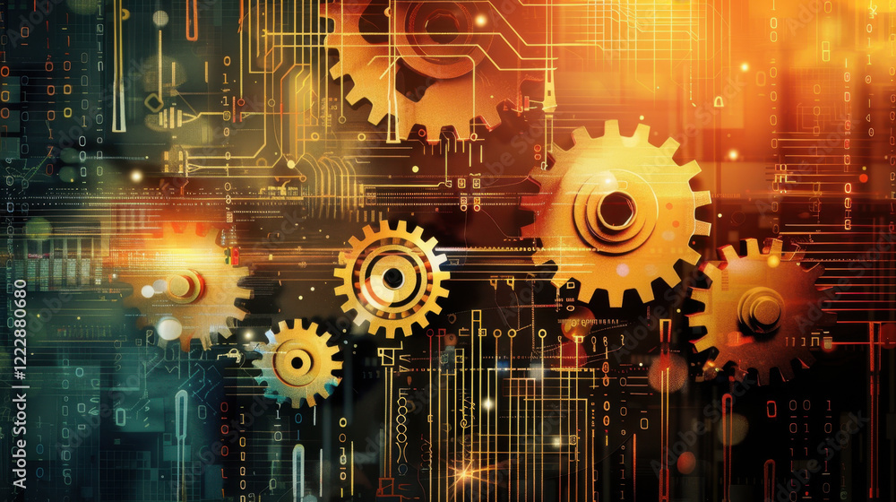 Poster vibrant digital background featuring interlocking gears and circuit patterns, symbolizing technology