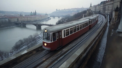 Naklejka premium Tram on city sreet.