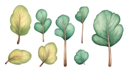 Obraz premium Collection of various green and yellow leaves arranged artistically on a white background for design use