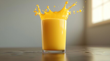Glass of orange juice splashing on table with window in background. Food stock photo