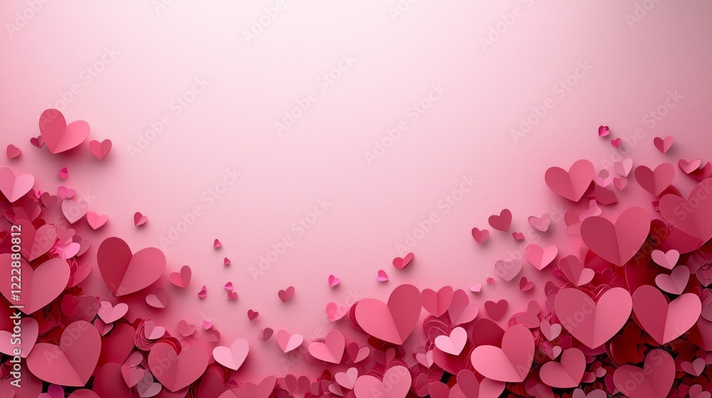 Poster vibrant paper hearts in various shades of pink cascade across a soft background, adding charm and wa