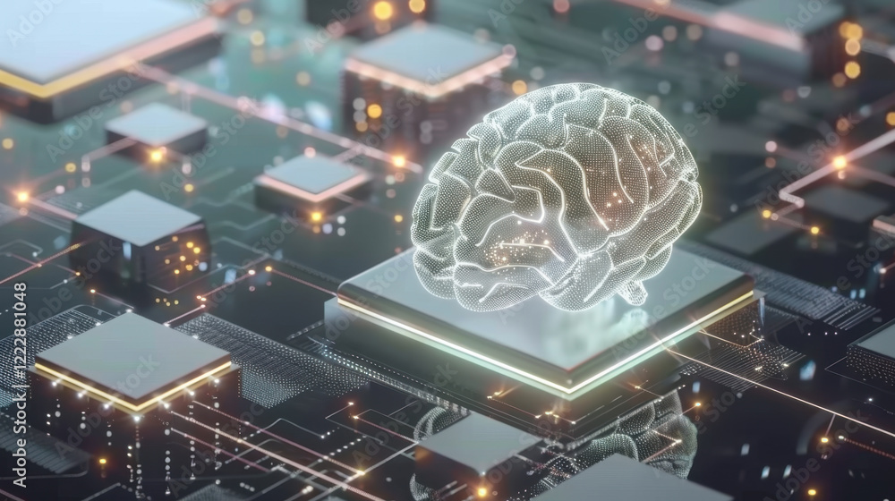 Poster digital brain model on circuit board, symbolizing artificial intelligence and technology. glowing co