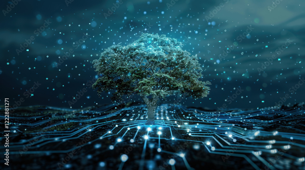 Poster digital tree surrounded by glowing circuit patterns symbolizes technology and nature. scene evokes s