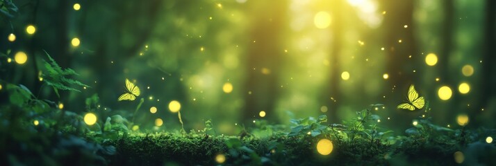 Magical forest with glowing fireflies and butterflies in a lush green setting