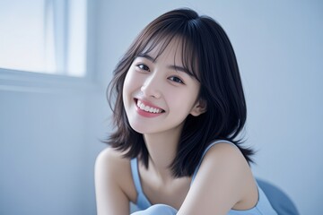 Naklejka premium araffe asian woman with a blue dress sitting on a bed