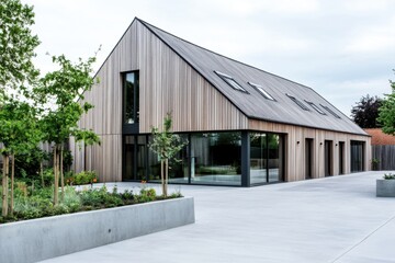 A contemporary wooden house featuring expansive windows and a sleek minimalist design, nestled in a serene outdoor environment on a cloudy day