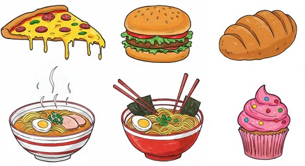 Delicious Food Illustration Pizza, Burger, Ramen, Bread, and Cupcake