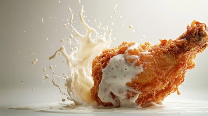 A fried chicken leg splashes into a creamy sauce, highlighting a delicious food scene.