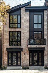 Obraz premium This contemporary urban townhouse boasts a sleek design with expansive windows, perfectly situated in a bright and inviting neighborhood