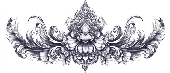 Symmetrical sak yan motifs, traditional Thai sacred tattoo designs, black line art on white, elegant and bold