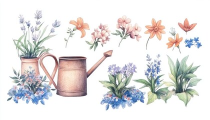 A detailed illustration of various colorful flowers and a watering can, showcasing vibrant garden elements