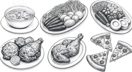 Delicious Food Illustration Menu Sketch Black and White