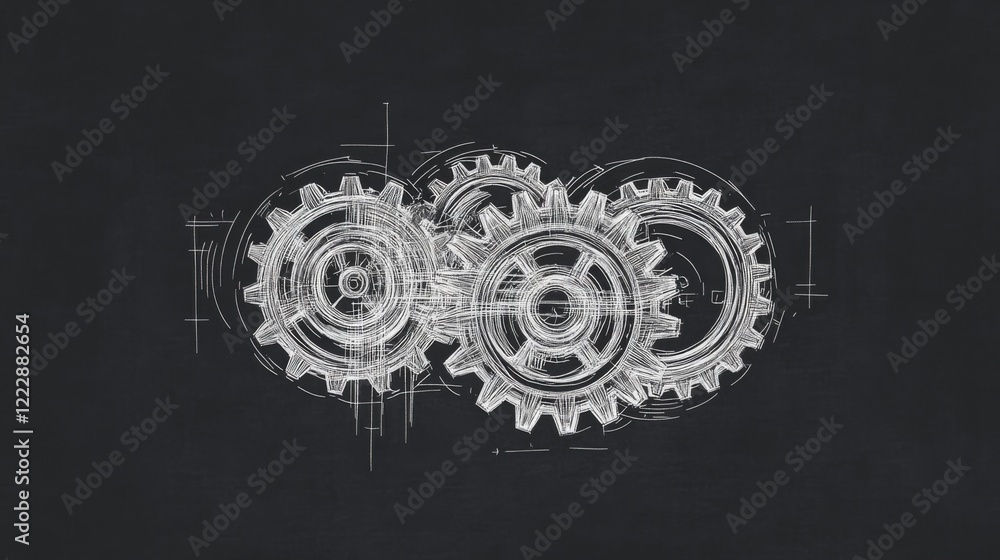 Poster interlocking gears sketched on a dark background.