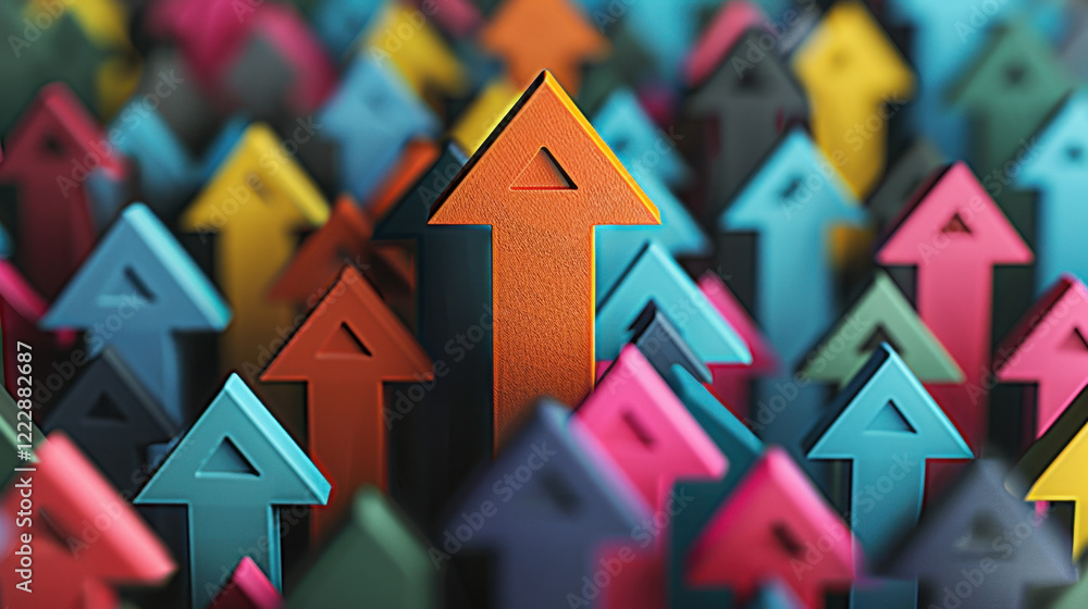 Poster colorful arrows pointing upwards, symbolizing growth and progress in vibrant and dynamic way. this c
