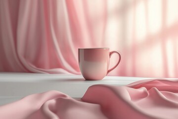 Soft pink cup on white table with flowing curtains in gentle sunlight during a quiet afternoon