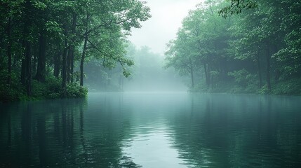 Misty River Flows Through Lush Green Forest