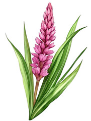 Fototapeta premium A detailed watercolor painting depicts a pink flower with long, slender green leaves, showcasing vibrant colors and botanical accuracy.