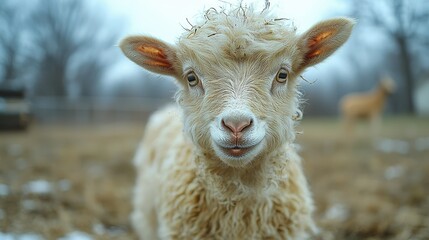 Obraz premium Adorable Fluffy Young Goat Portrait Farm Animal