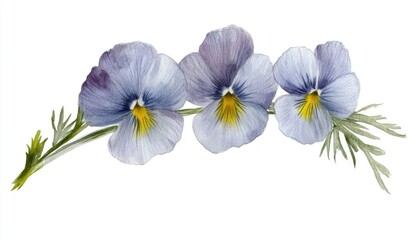 Delicate watercolor illustration of three light purple pansy flowers with green foliage on a white background