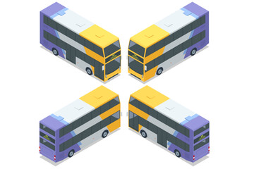 Fototapeta premium An isometric view of a double-decker bus in multiple perspectives, showcasing its vibrant yellow and purple design. Suitable for tourism and long routes. Travel vacation tourism tour public route