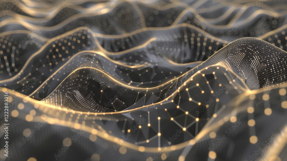 Poster abstract digital waves with glowing points and lines, representing data flow and technology
