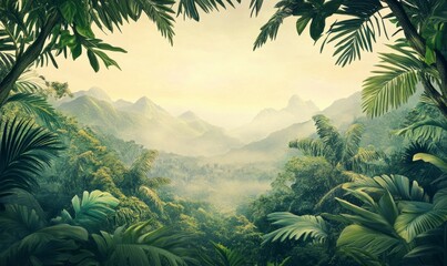 Lush green rainforest with misty mountain backdrop at dawn