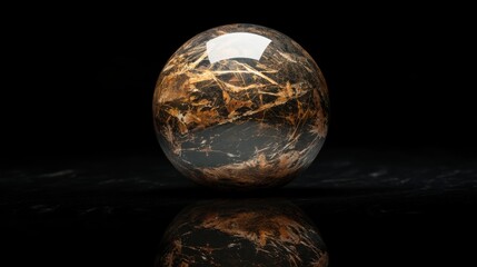 A shiny black and gold sphere with a reflective surface.