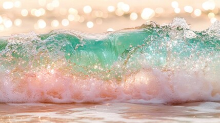 Fototapeta premium Sparkling Ocean Wave Crashing on Sandy Shore