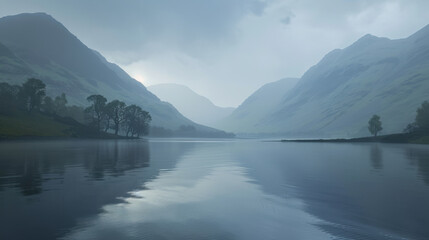Misty landscape with mountains and calm lake reflecting scenery. serene atmosphere evokes sense of tranquility and peace in nature