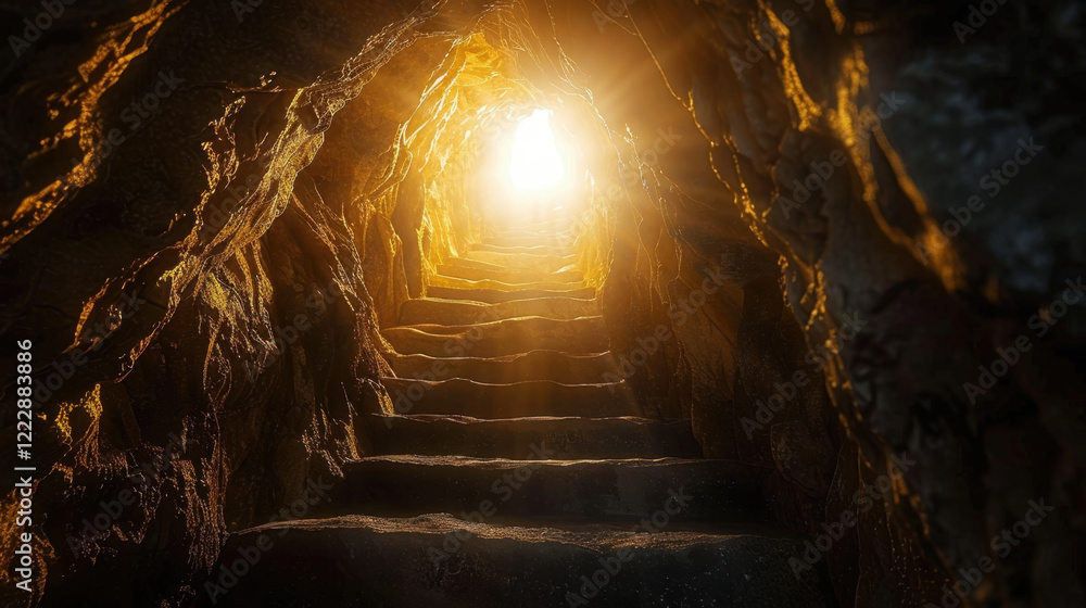 Poster mystical cave with illuminated stairs leading to bright light, creating sense of wonder and explorat