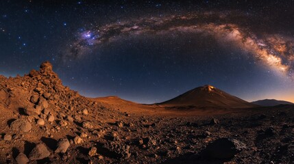 Volcanic Landscape Underneath a Starry Milky Way Galaxy