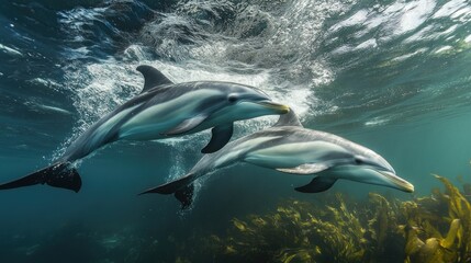Fototapeta premium Two dusky dolphins swim gracefully through ocean kelp
