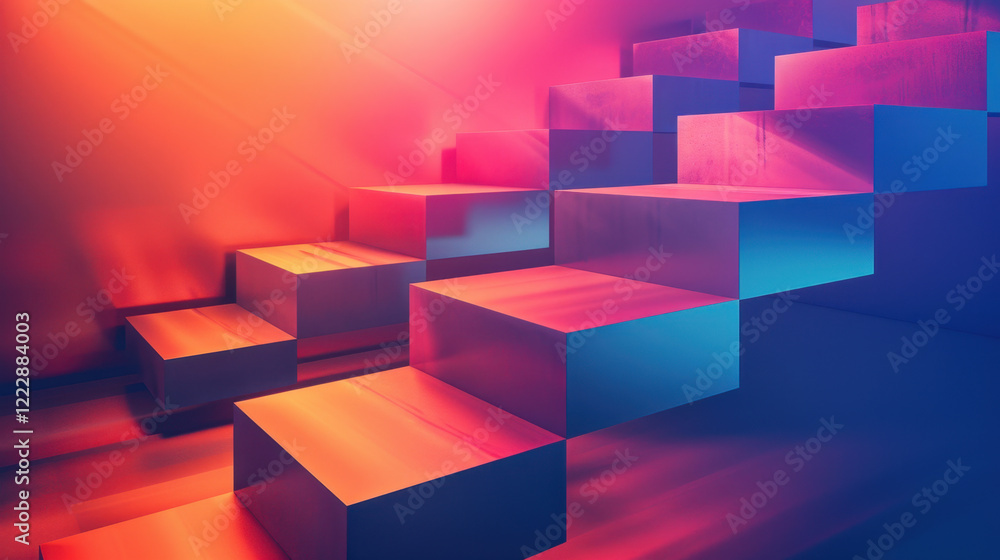 Poster vibrant abstract staircase with colorful lighting and geometric shapes, creating modern and artistic