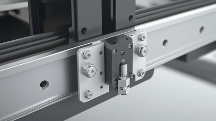 Obraz premium Close-up view of a precision mechanical component on a linear motion system in a workshop setting