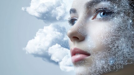 Conceptual cloud with integrated circuitry over global network map, cloud network, connectivity, tech ecosystem, blue and grey tones