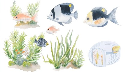 Naklejka premium Colorful underwater scene featuring various fish swimming among vibrant aquatic plants in a serene habitat