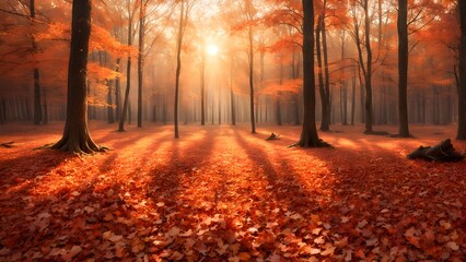 Fototapeta premium Golden sunlight streams through a misty autumn forest, illuminating a carpet of vibrant red and orange leaves.
