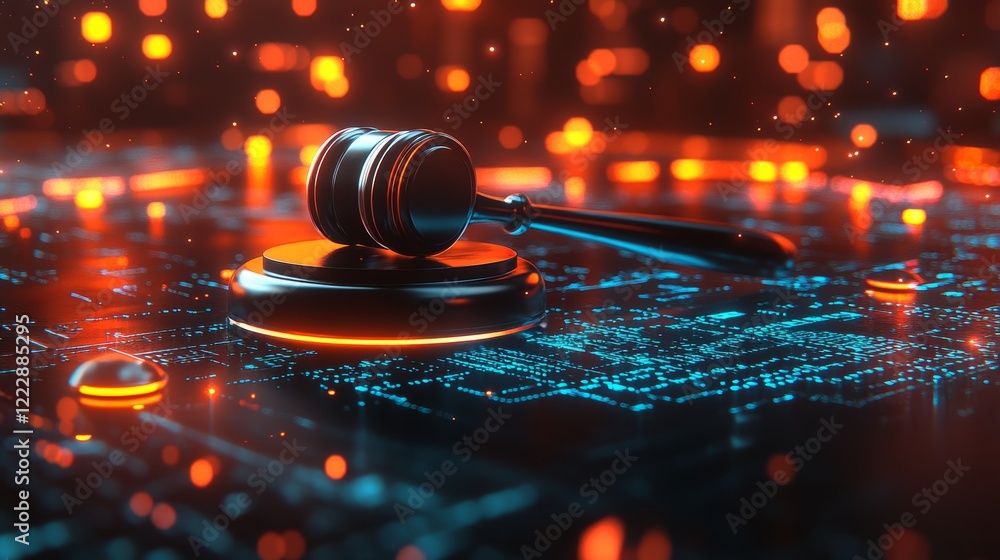 Poster digital justice gavel on platform with binary code background, legal technology concept