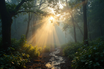 Misty jungle clearing at dawn with sunlight breaking through