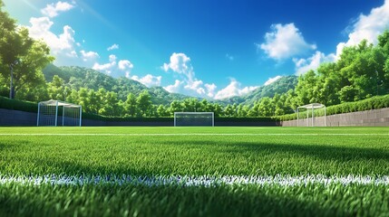 Obraz premium Natural Grass Field – A vibrant soccer field with lush green natural grass, perfectly manicured lines, and goalposts at either end, under a bright blue sky – realistic and energizing