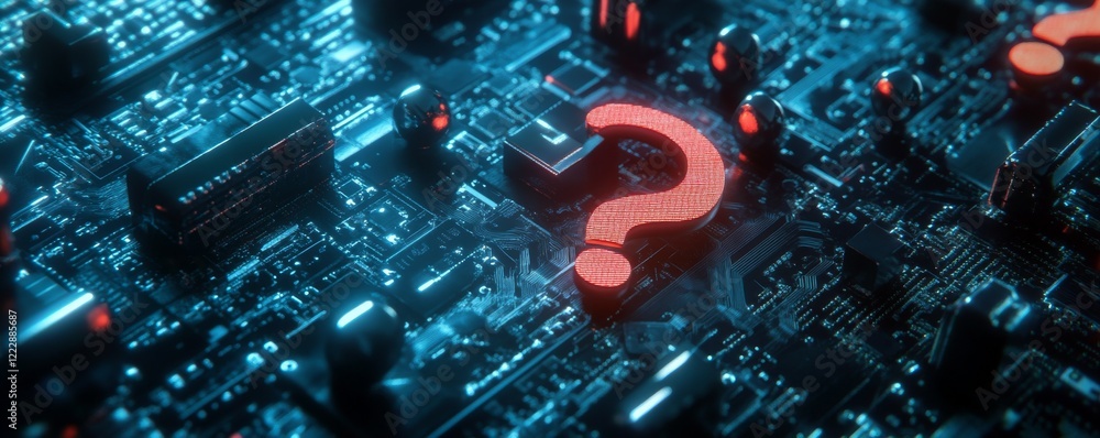 Poster many quiestion marks on computer, find answer online, faq concept, what where when how and why, sear
