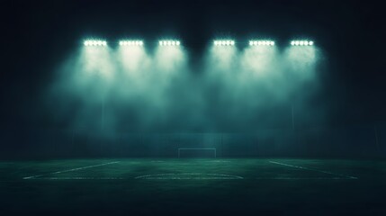 Fototapeta premium Floodlights for Night Play – A soccer stadium at night with high-intensity floodlights illuminating the entire field, casting dramatic shadows and creating an electrifying atmosphere for the players –