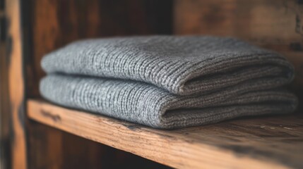 A gray knitted sweater is folded on a wooden shelf.