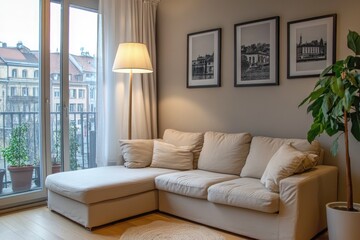 Relaxing living room with a light beige L-shaped sofa, floor lamp, and black-and-white photos on a gray wall. Sheer curtains and a glass door open to a balcony with charming old-fashioned buildings.