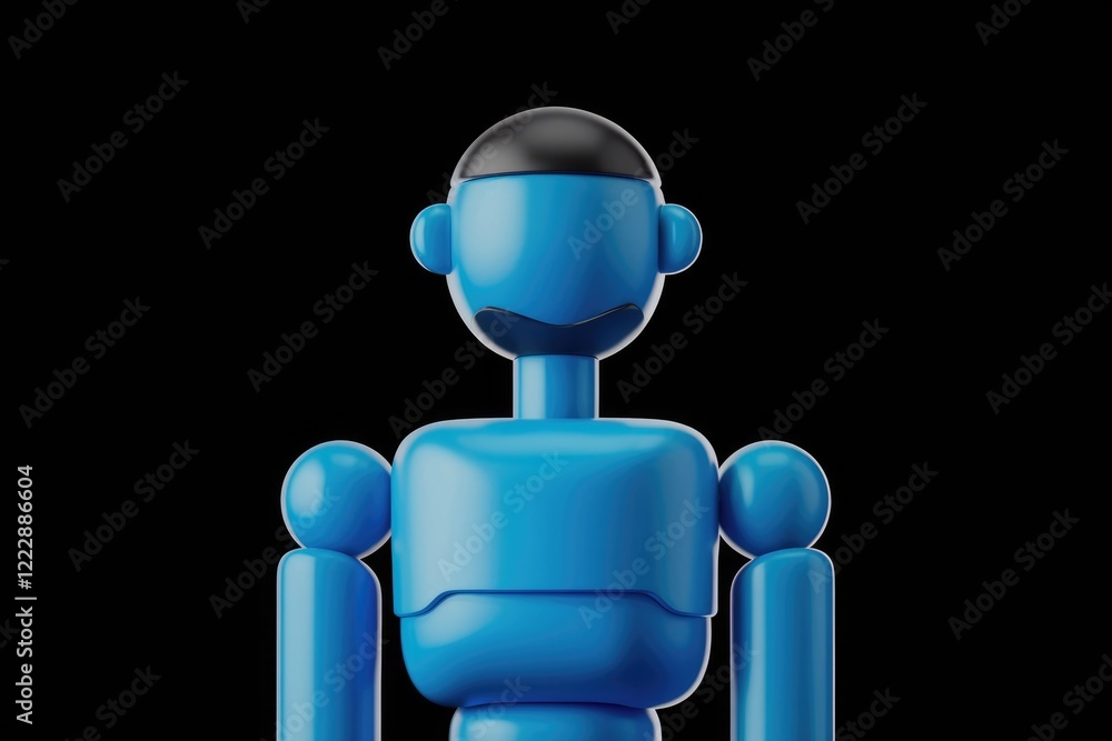 Poster a simple, blue, 3d-rendered robotic figure with a minimalist design, isolated on a transparent backg